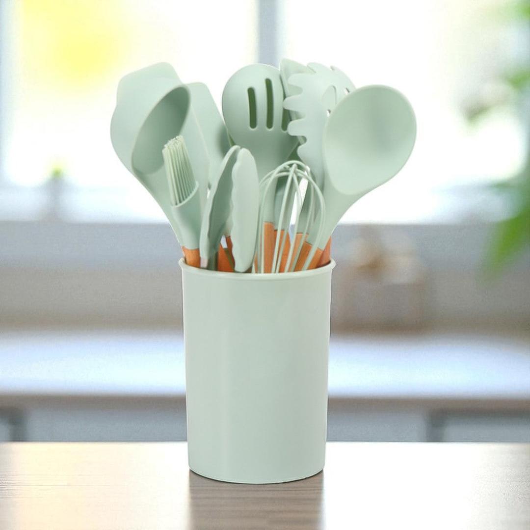 Silicone Kitchen Utensil Set with Wooden Handles and Storage Holder, 12-Piece