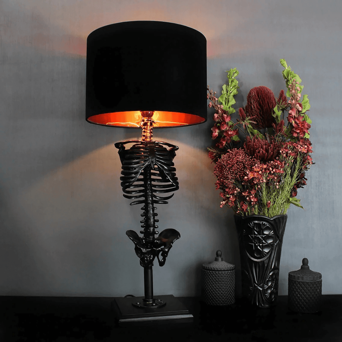 Skeleton Table Lamp Gothic Decor with Gold Interior Shade