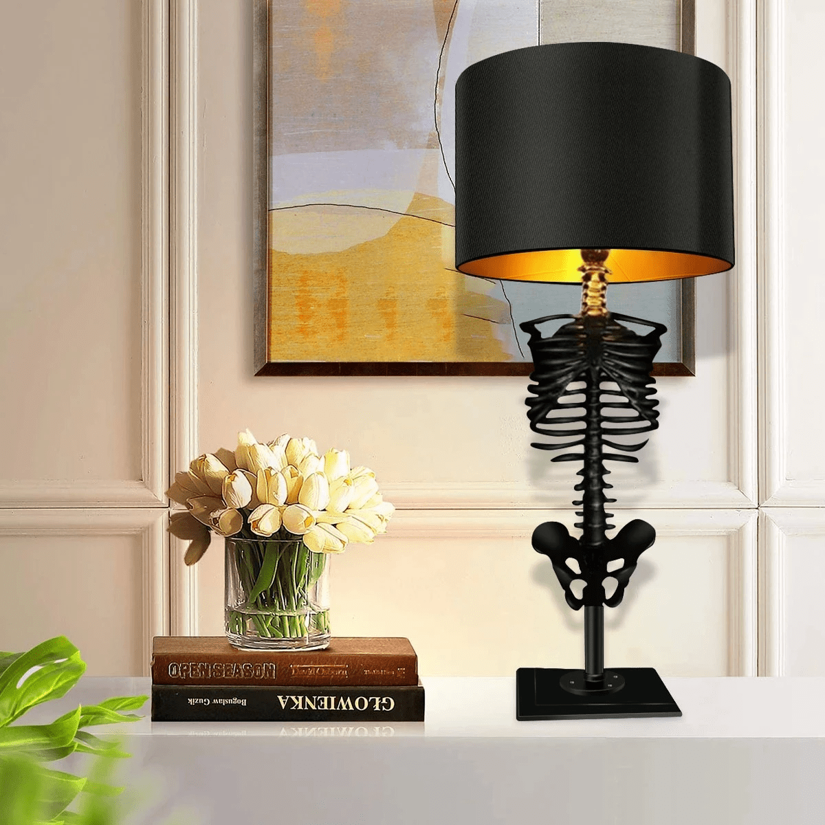 Skeleton Table Lamp Gothic Decor with Gold Interior Shade
