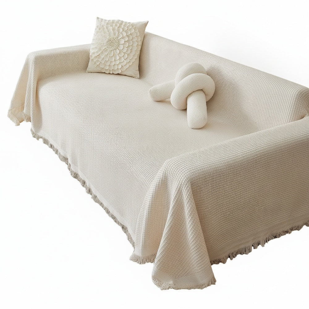 Sofa Cover Throw Blanket with Fringe Trim, Waffle Knit Texture, Machine Washable
