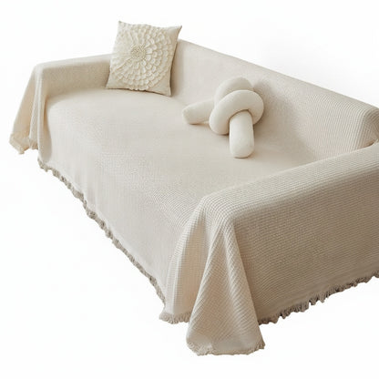 Sofa Cover Throw Blanket with Fringe Trim, Waffle Knit Texture, Machine Washable