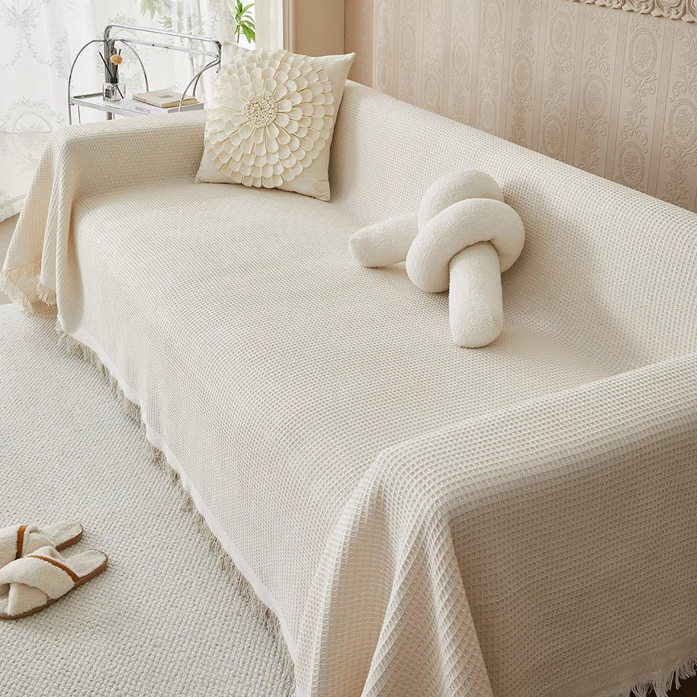 Sofa Cover Throw Blanket with Fringe Trim, Waffle Knit Texture, Machine Washable