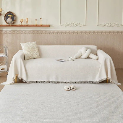 Sofa Cover Throw Blanket with Fringe Trim, Waffle Knit Texture, Machine Washable