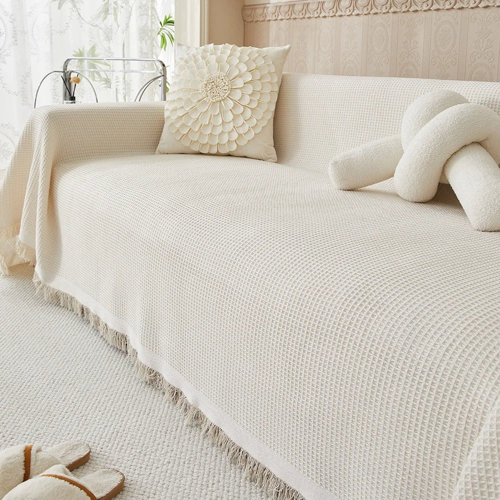 Sofa Cover Throw Blanket with Fringe Trim, Waffle Knit Texture, Machine Washable