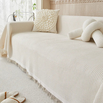 Sofa Cover Throw Blanket with Fringe Trim, Waffle Knit Texture, Machine Washable