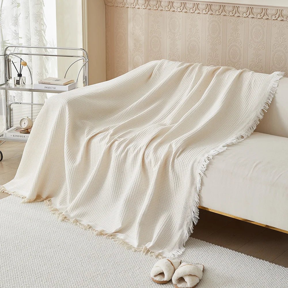 Sofa Cover Throw Blanket with Fringe Trim, Waffle Knit Texture, Machine Washable