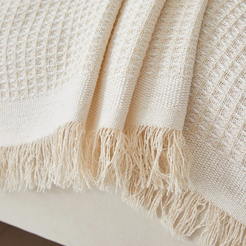 Sofa Cover Throw Blanket with Fringe Trim, Waffle Knit Texture, Machine Washable