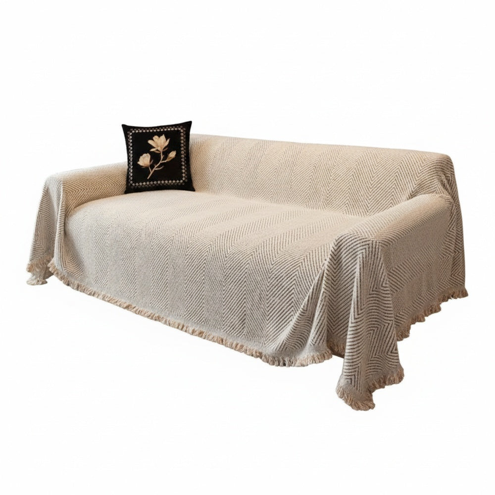 Sofa Cover with Herringbone Pattern and Tassel Trim for Couch Protection