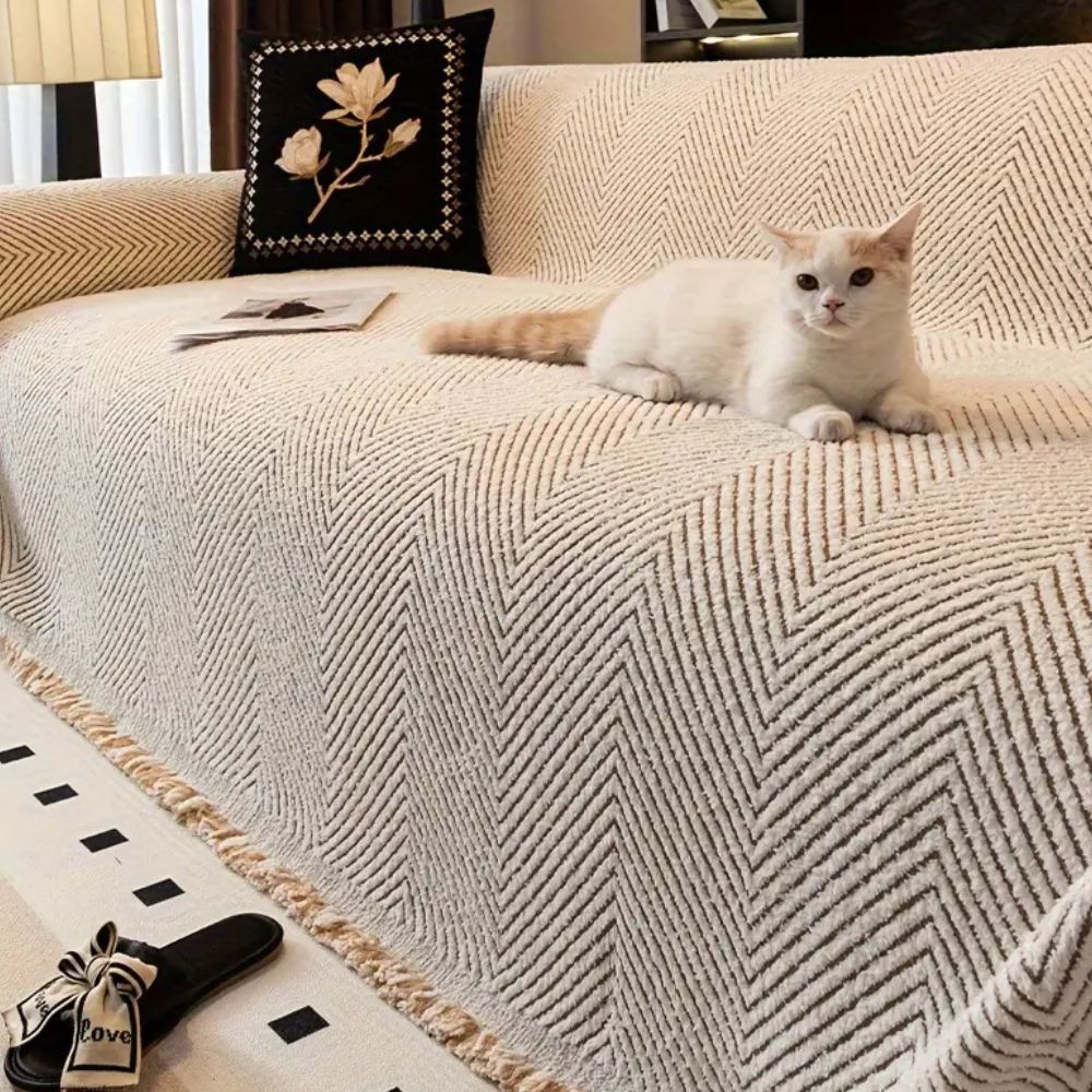 Sofa Cover with Herringbone Pattern and Tassel Trim for Couch Protection