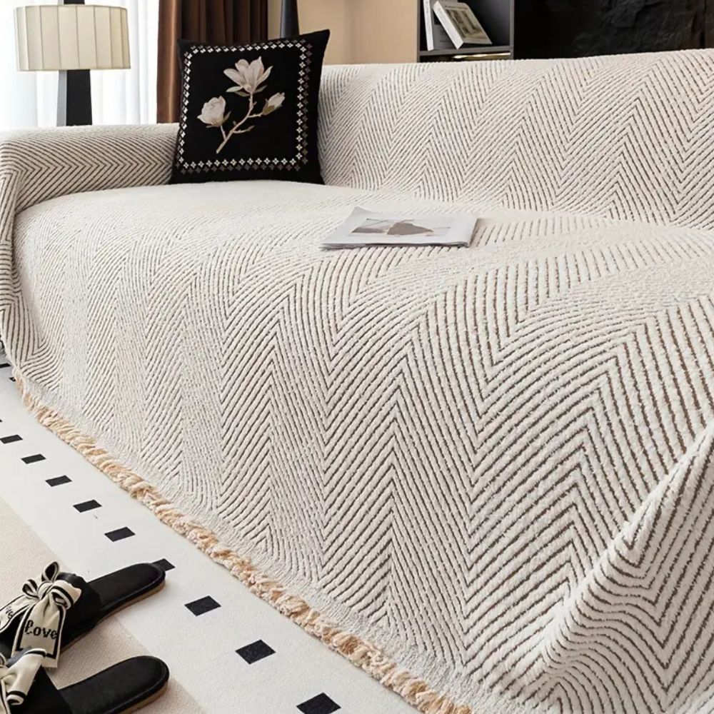 Sofa Cover with Herringbone Pattern and Tassel Trim for Couch Protection