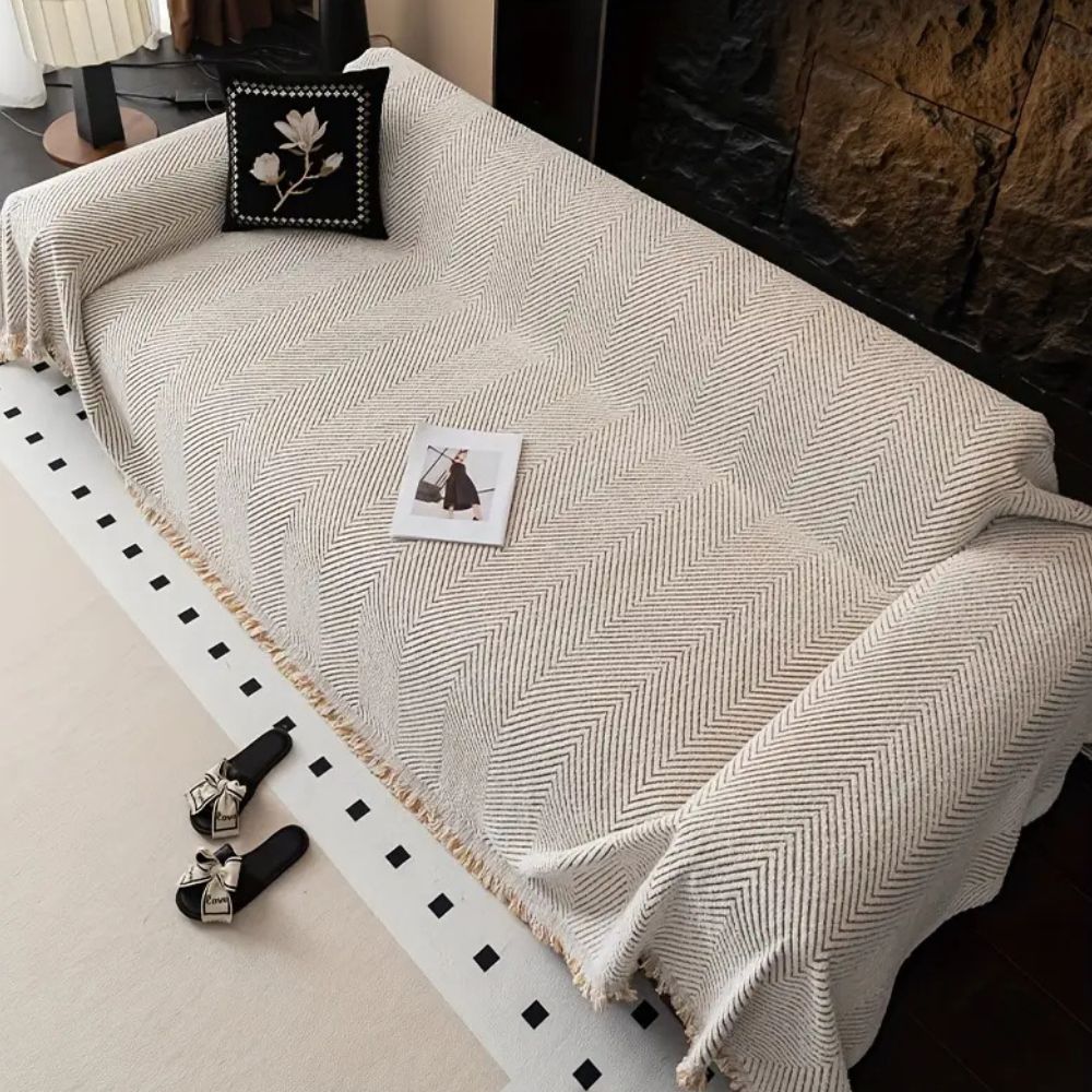 Sofa Cover with Herringbone Pattern and Tassel Trim for Couch Protection