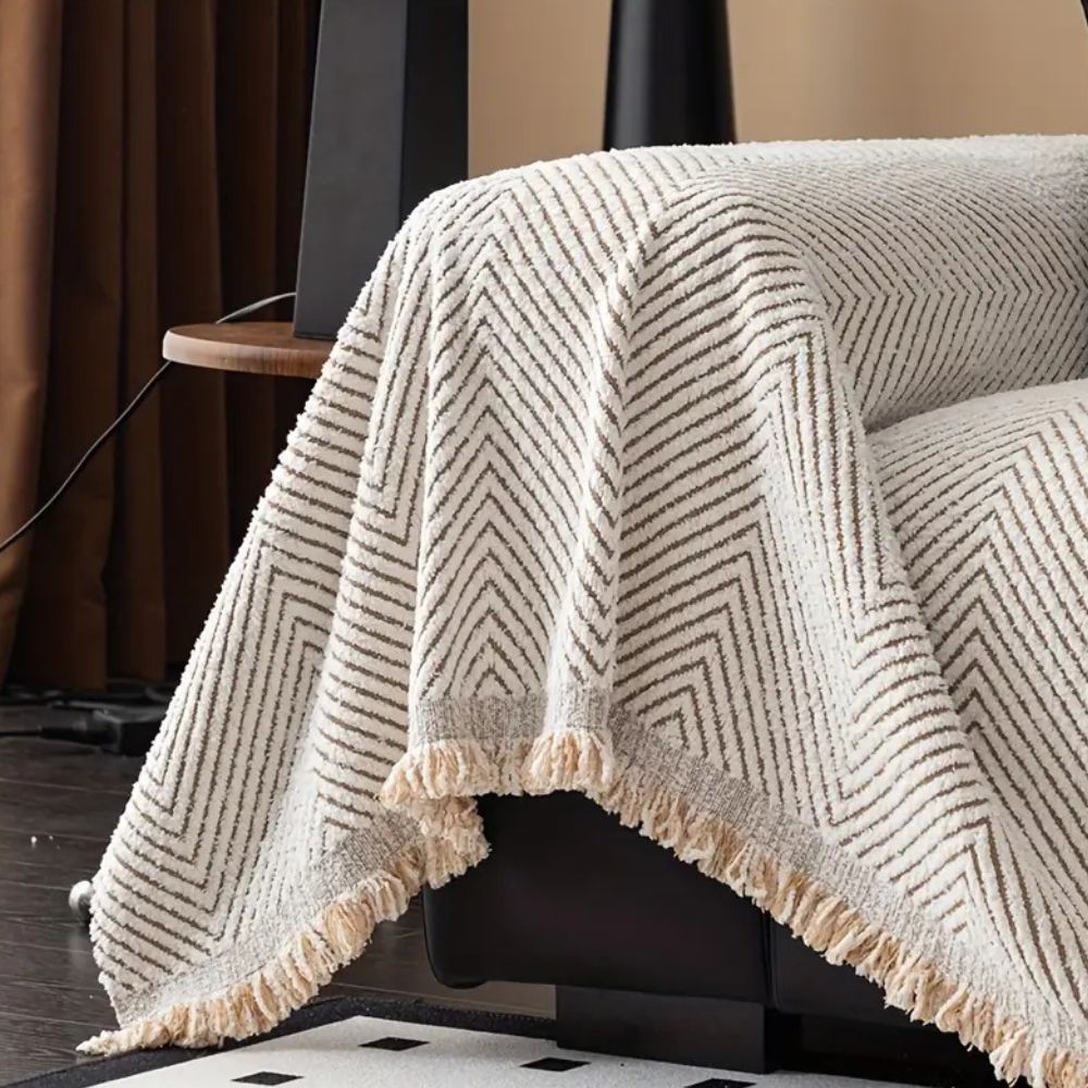 Sofa Cover with Herringbone Pattern and Tassel Trim for Couch Protection