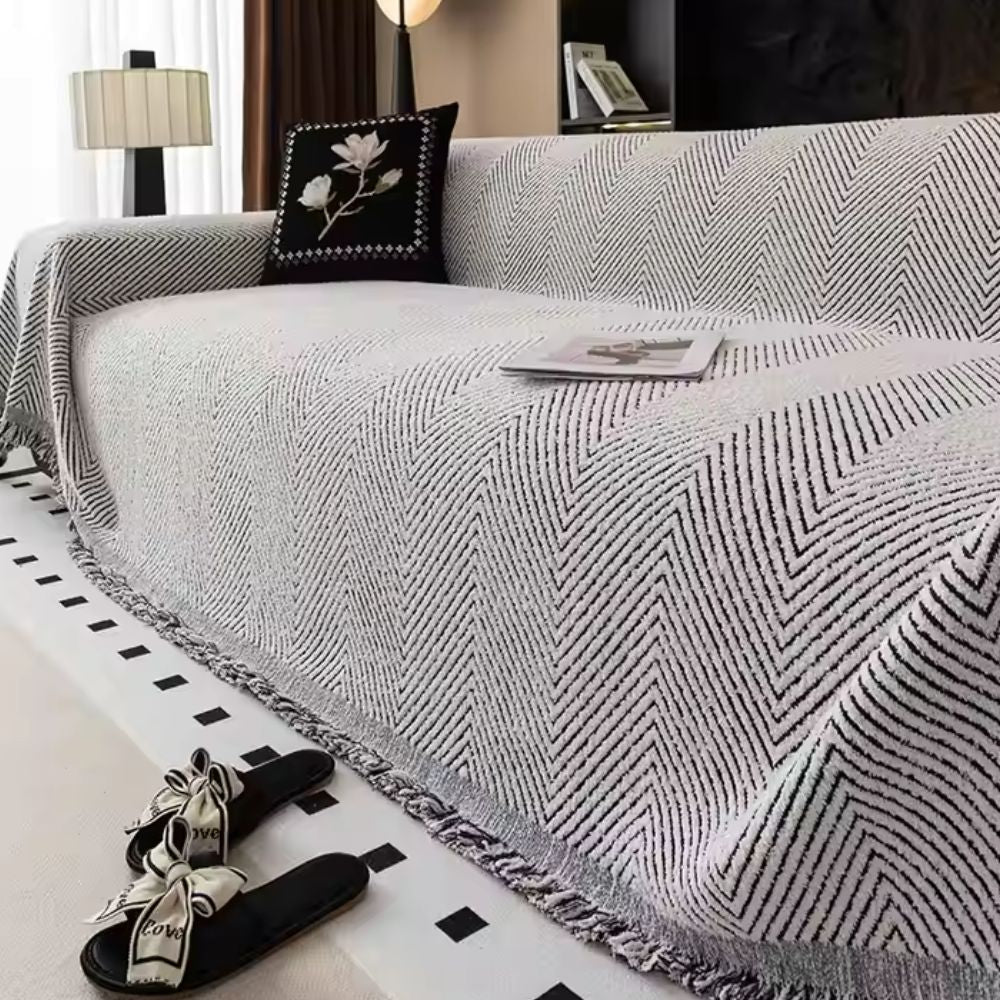 Sofa Cover with Herringbone Pattern and Tassel Trim for Couch Protection