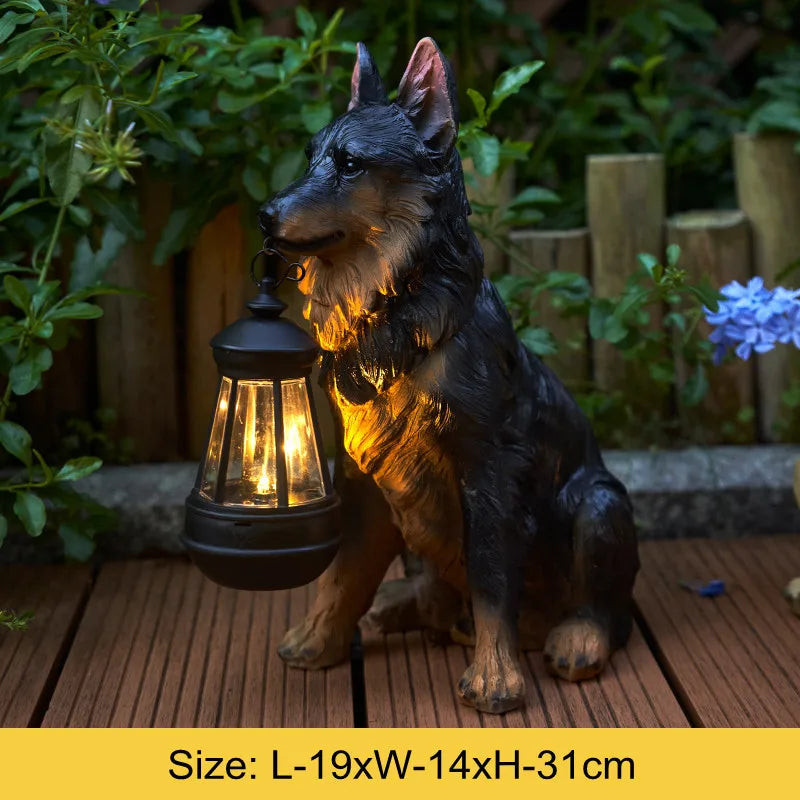 Solar Garden Dog Statue with LED Lantern, Outdoor Resin Figurine