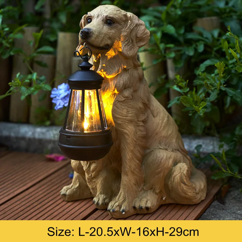 Solar Garden Dog Statue with LED Lantern, Outdoor Resin Figurine