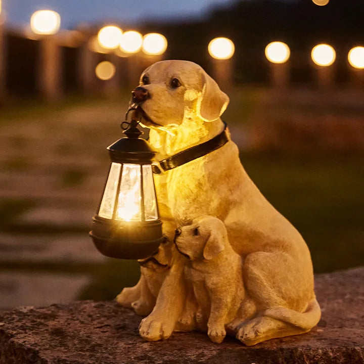 Solar Garden Dog Statue with LED Lantern, Outdoor Resin Figurine