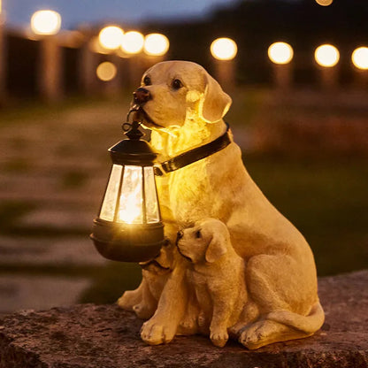 Solar Garden Dog Statue with LED Lantern, Outdoor Resin Figurine