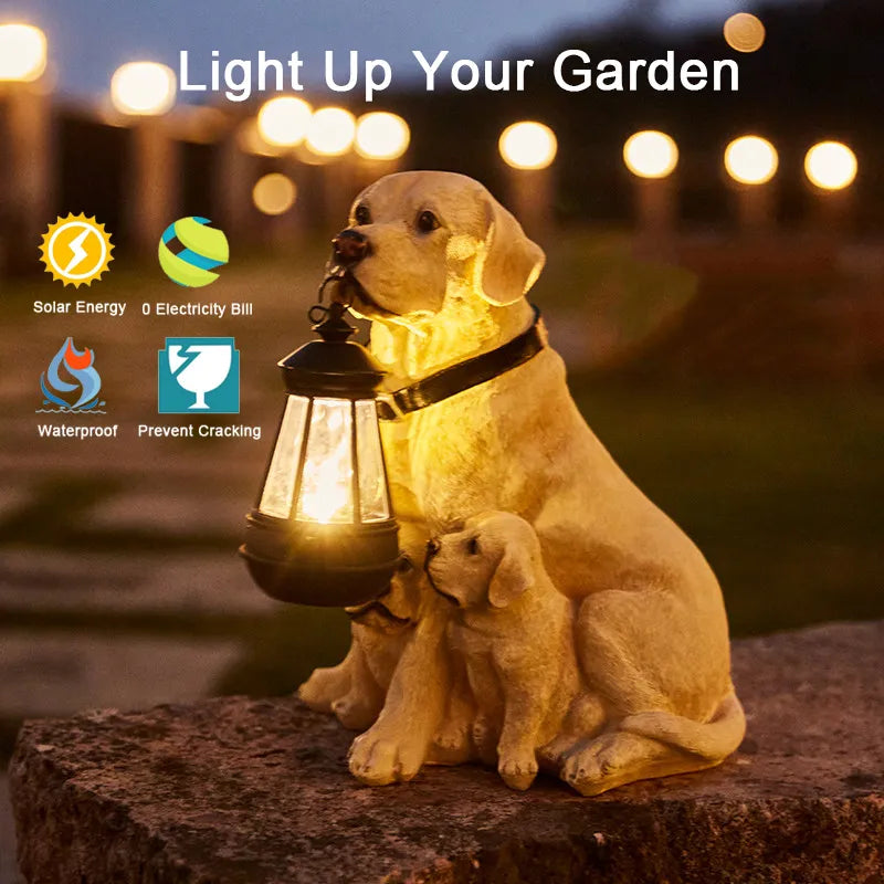 Solar Garden Dog Statue with LED Lantern, Outdoor Resin Figurine