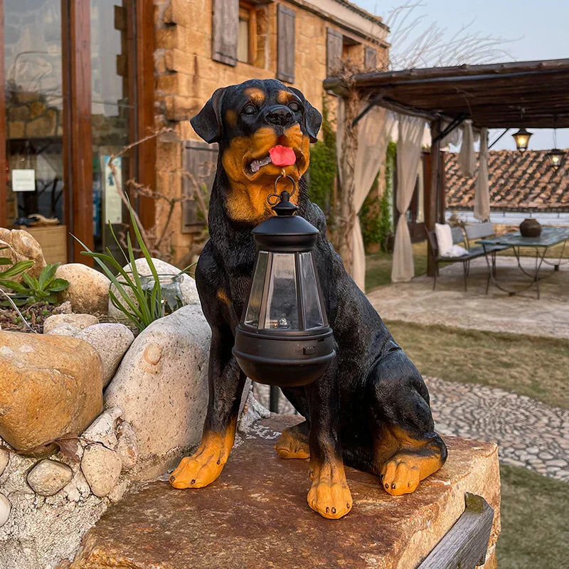 Solar Garden Dog Statue with LED Lantern, Outdoor Resin Figurine