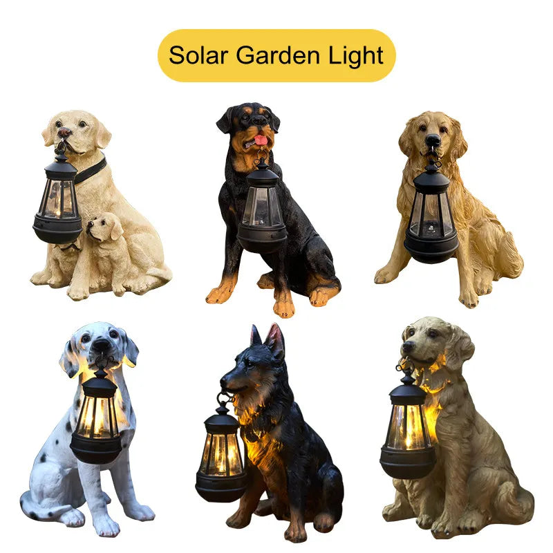Solar Garden Dog Statue with LED Lantern, Outdoor Resin Figurine