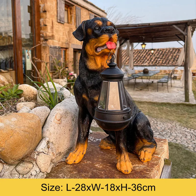 Solar Garden Dog Statue with LED Lantern, Outdoor Resin Figurine
