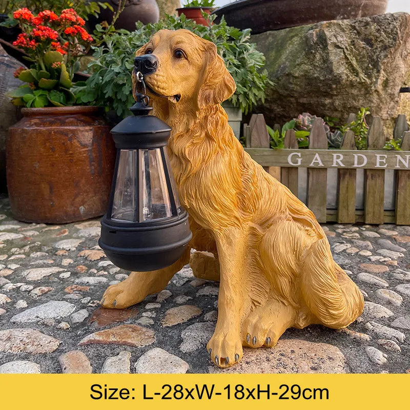 Solar Garden Dog Statue with LED Lantern, Outdoor Resin Figurine