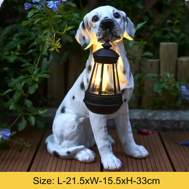 Solar Garden Dog Statue with LED Lantern, Outdoor Resin Figurine