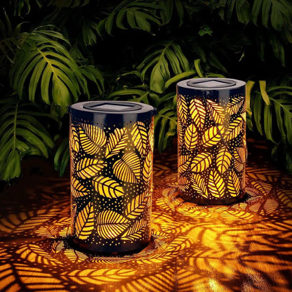 Solar Garden Lantern Outdoor with Leaf Pattern Shadow Projection Set of 2