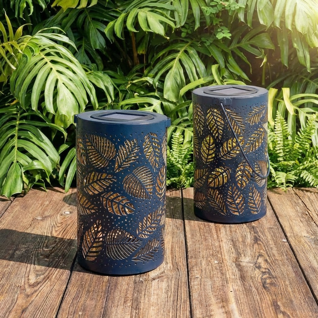 Solar Garden Lantern Outdoor with Leaf Pattern Shadow Projection Set of 2