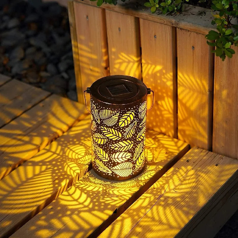 Solar Garden Lantern Outdoor with Leaf Pattern Shadow Projection Set of 2