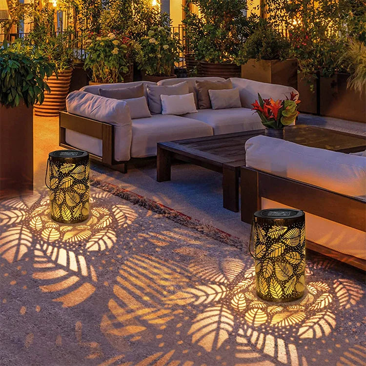 Solar Garden Lantern Outdoor with Leaf Pattern Shadow Projection Set of 2
