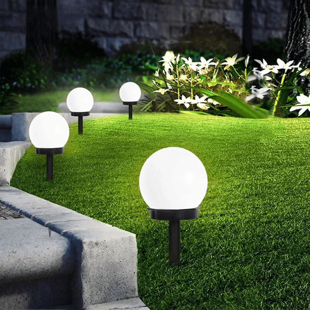 Solar Garden Lights with Round White Globe Shades, Set of 3 with Ground Stakes
