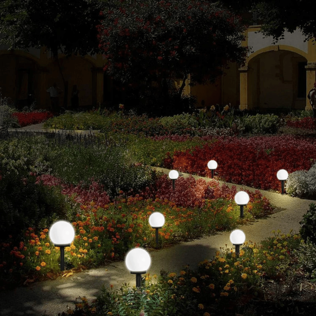 Solar Garden Lights with Round White Globe Shades, Set of 3 with Ground Stakes
