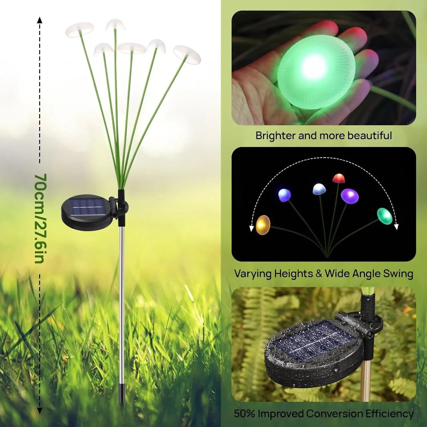 Solar Mushroom Garden Lights with 6 Swaying LED Heads, Outdoor Stake Lights 2-Pack