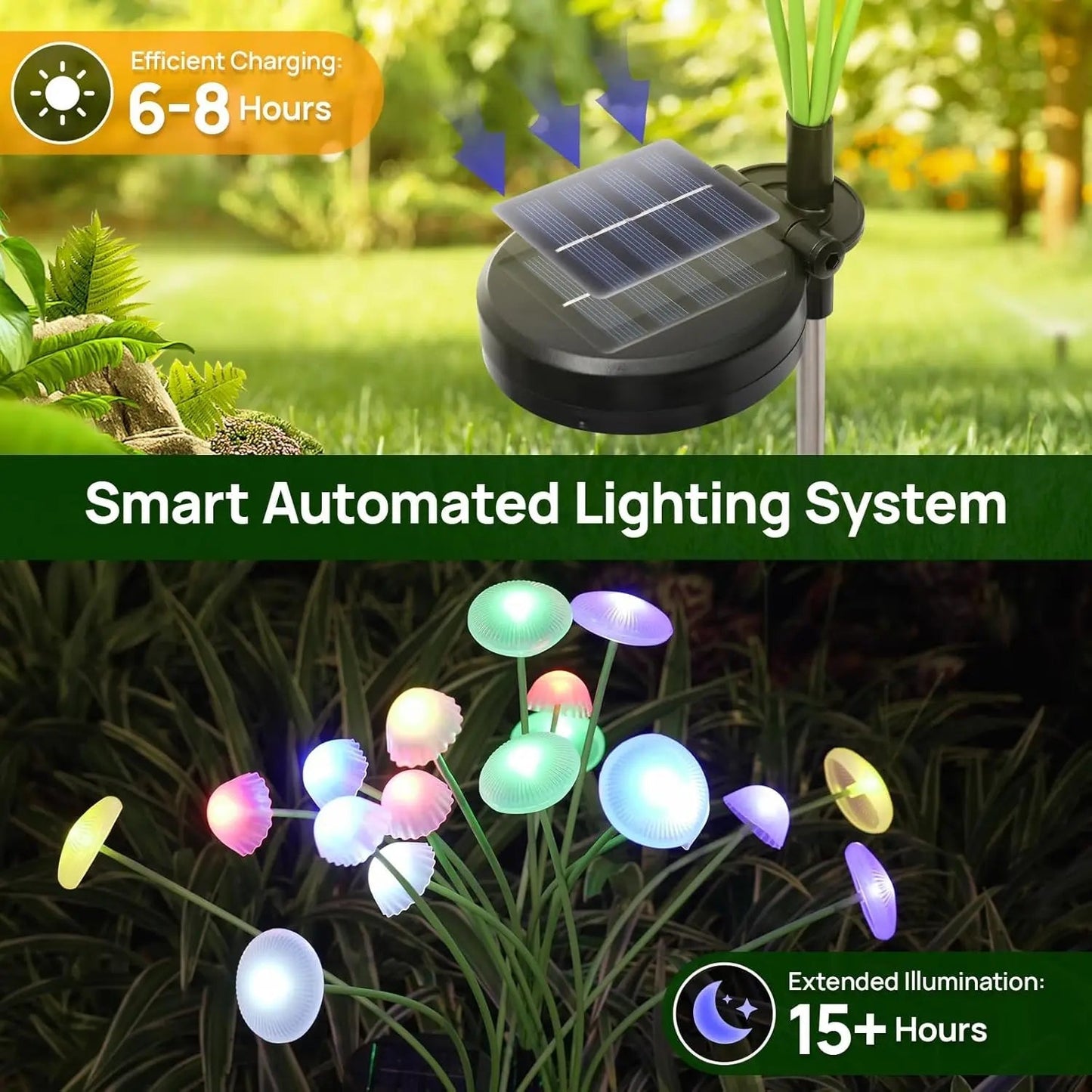 Solar Mushroom Garden Lights with 6 Swaying LED Heads, Outdoor Stake Lights 2-Pack