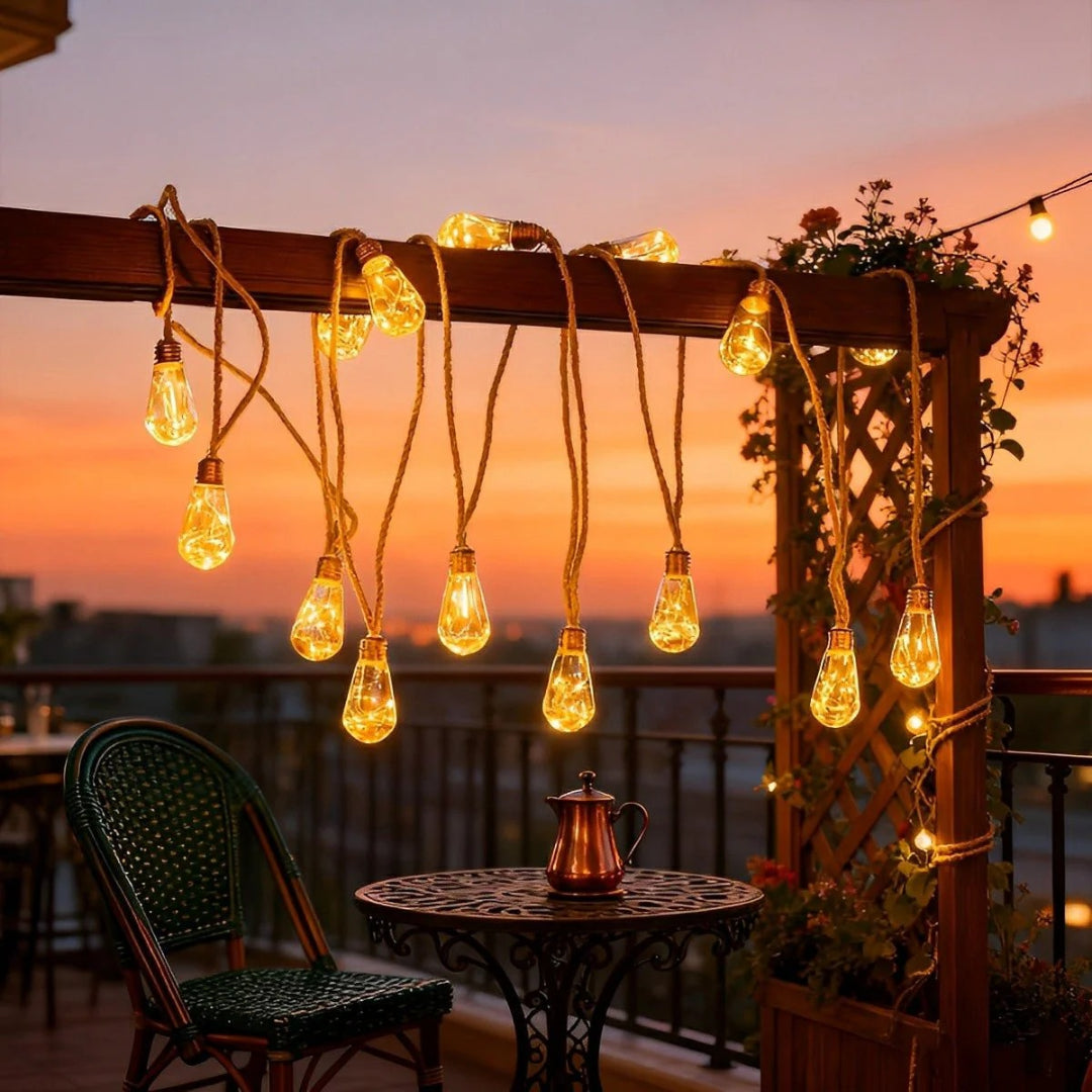 Solar Outdoor String Lights with Edison Bulbs and Rope Cable