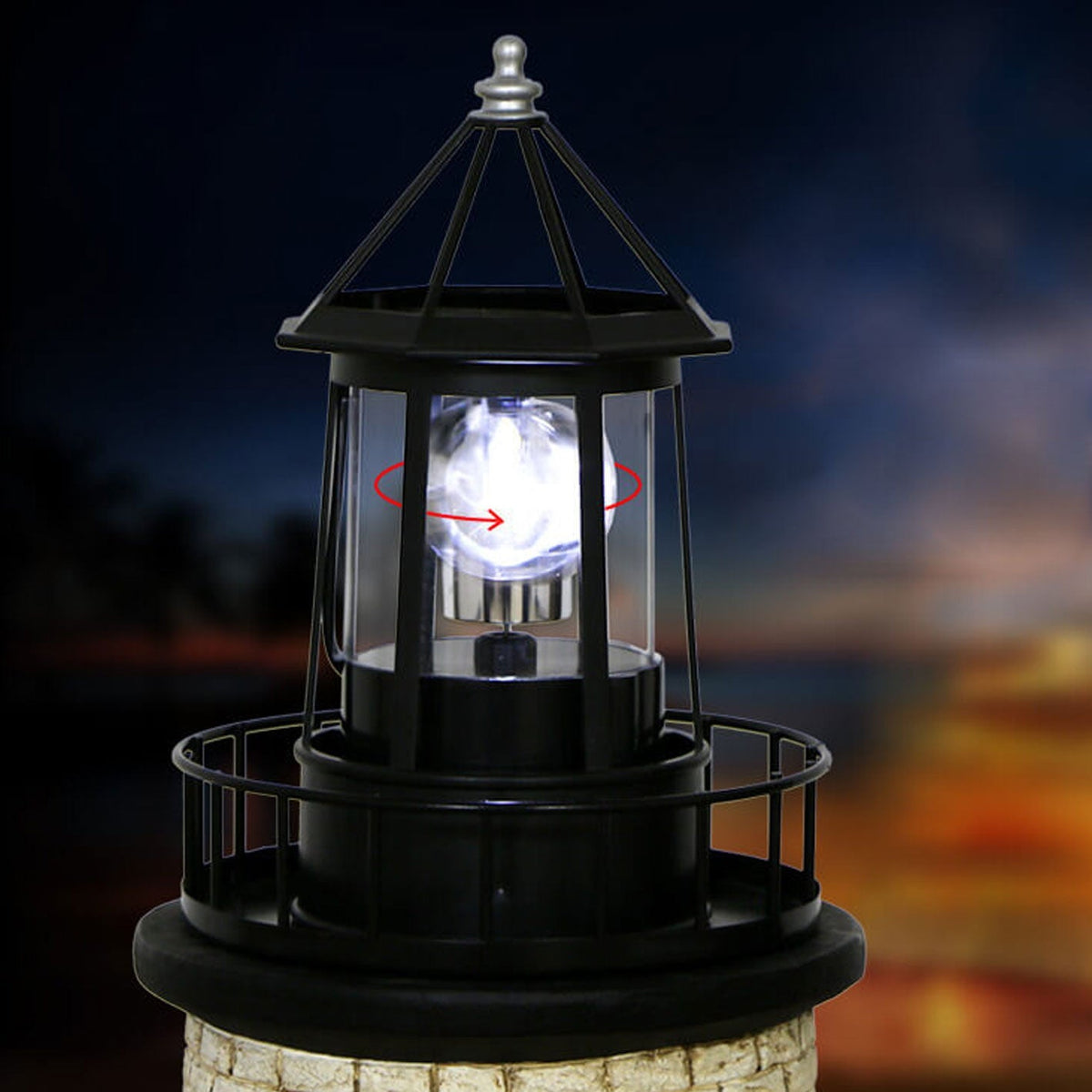 Solar Powered Lighthouse Table Lamp with Rotating LED and On/Off Switch
