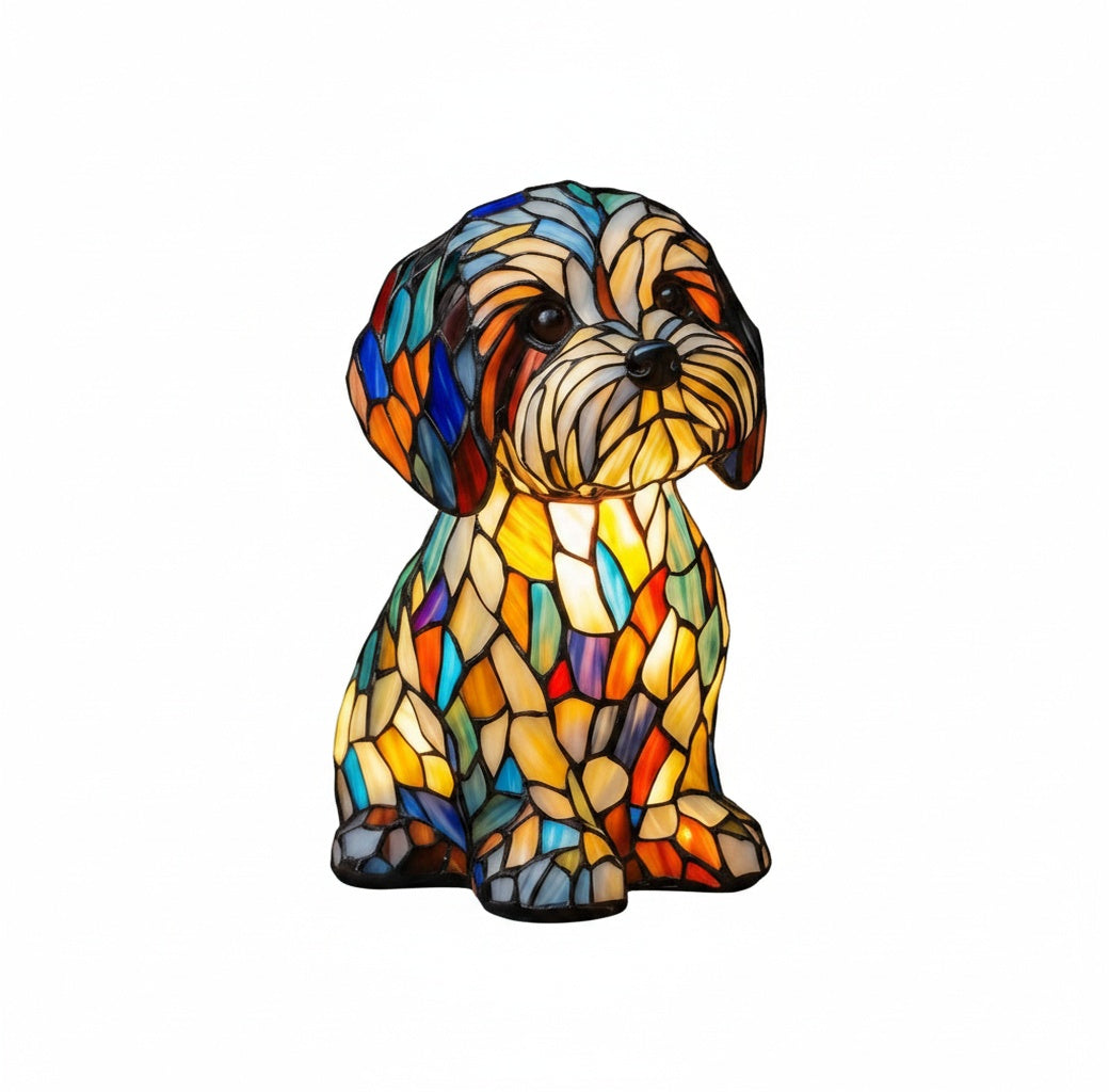 Stained Glass Dog Lamp Art Deco Tiffany Style Figurine Table Light
