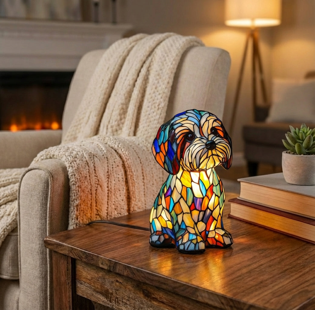 Stained Glass Dog Lamp Art Deco Tiffany Style Figurine Table Light