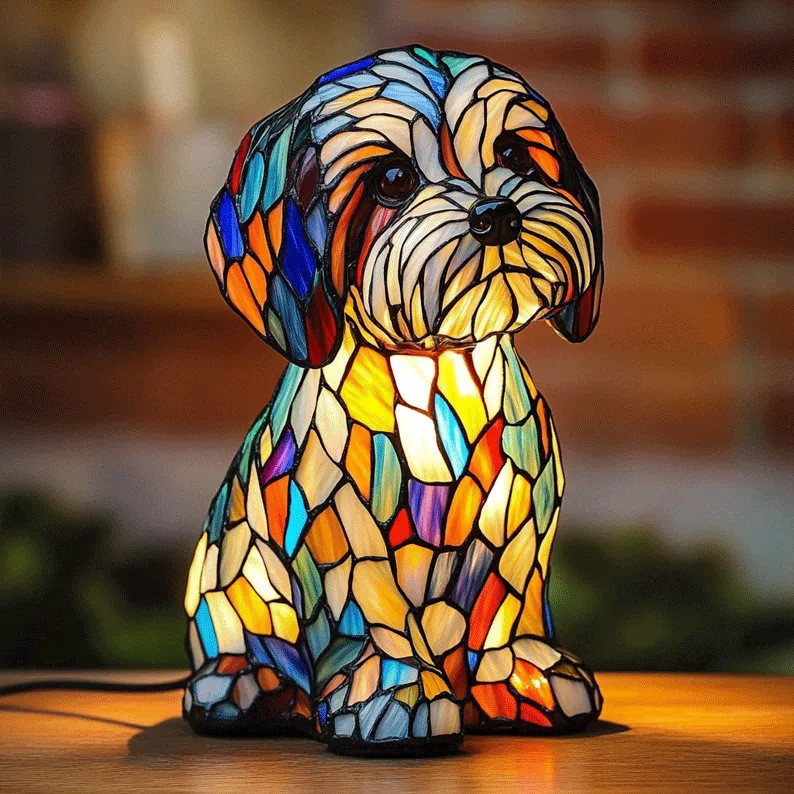 Stained Glass Dog Lamp Art Deco Tiffany Style Figurine Table Light