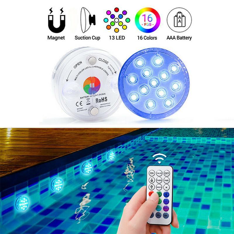Submersible LED Pool Light with Remote Control, Magnet and Suction Cup, 13 LEDs RGB