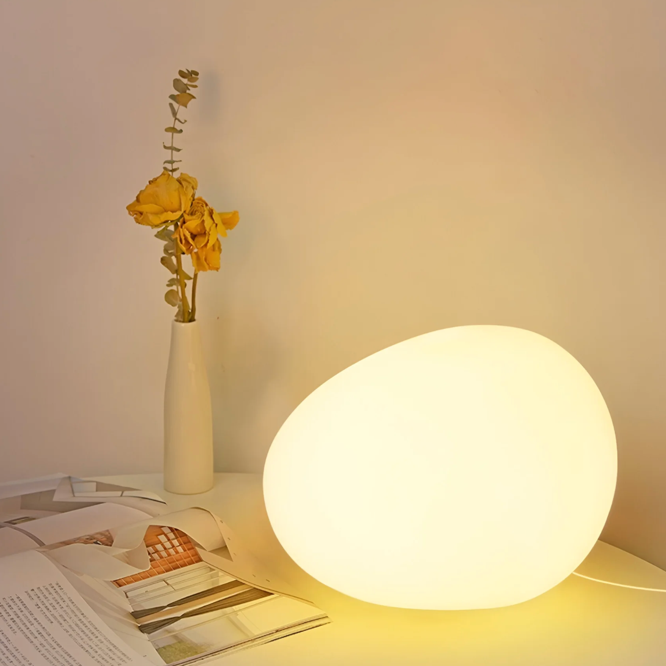 Table Lamp Minimalist Pebble Stone Shape with Frosted Globe Diffuser