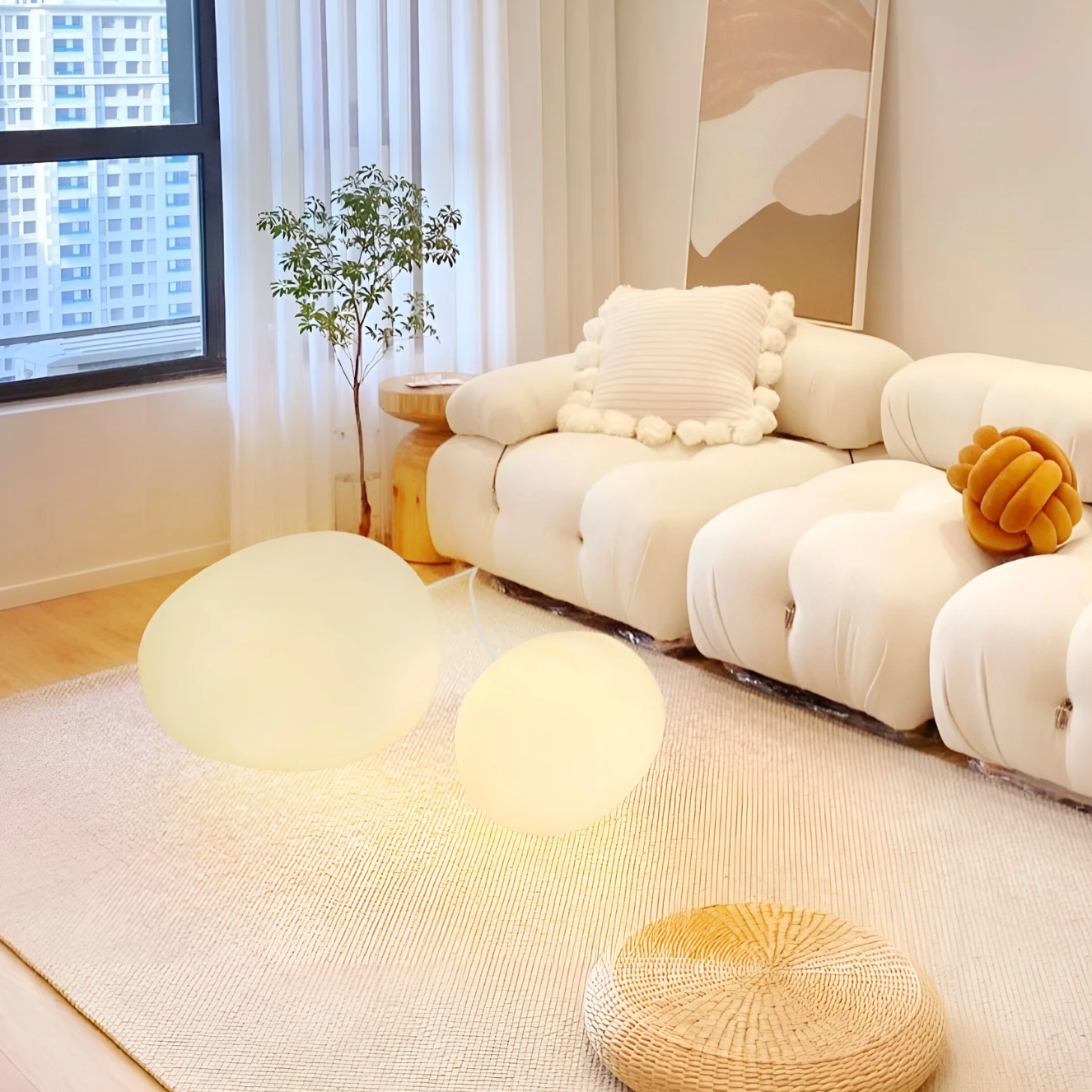 Table Lamp Minimalist Pebble Stone Shape with Frosted Globe Diffuser