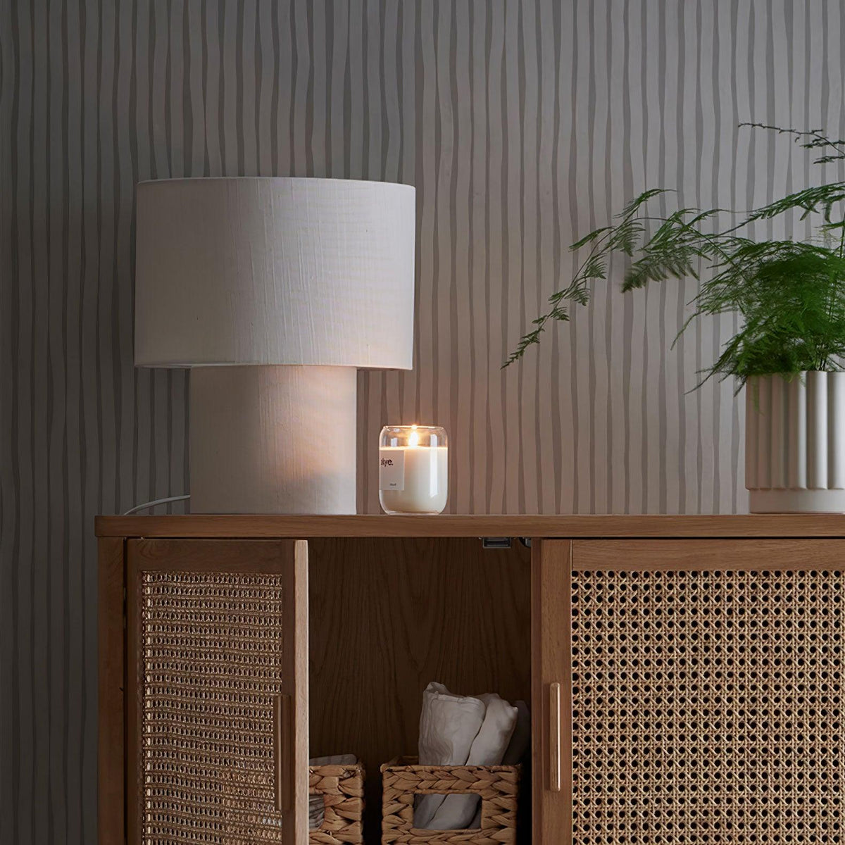 Table Lamp Minimalist with Double Drum Shade and Fabric Column Base
