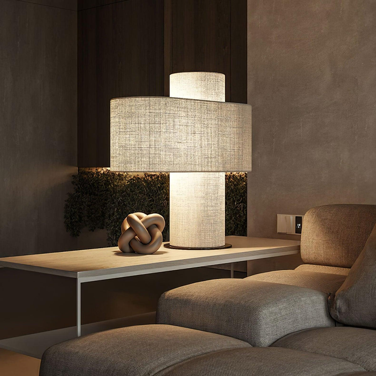 Table Lamp Minimalist with Double Drum Shade and Fabric Column Base