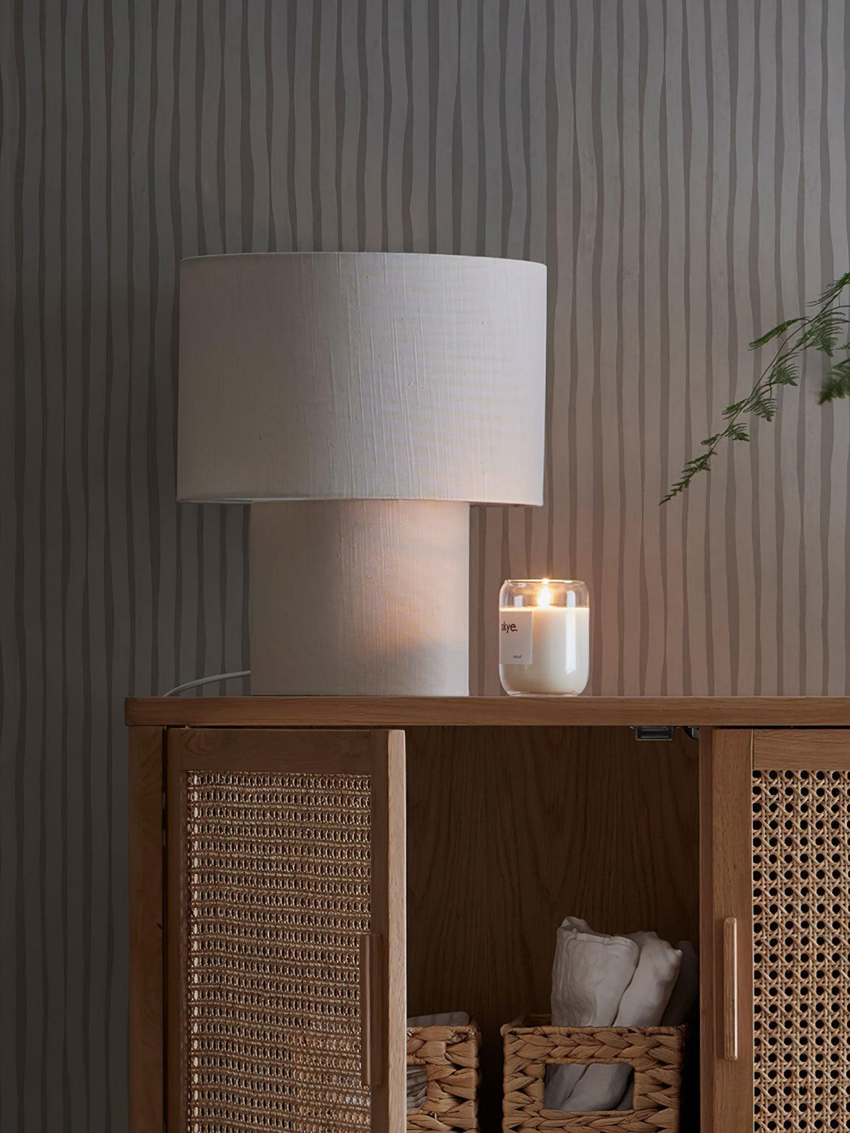 Table Lamp Minimalist with Double Drum Shade and Fabric Column Base