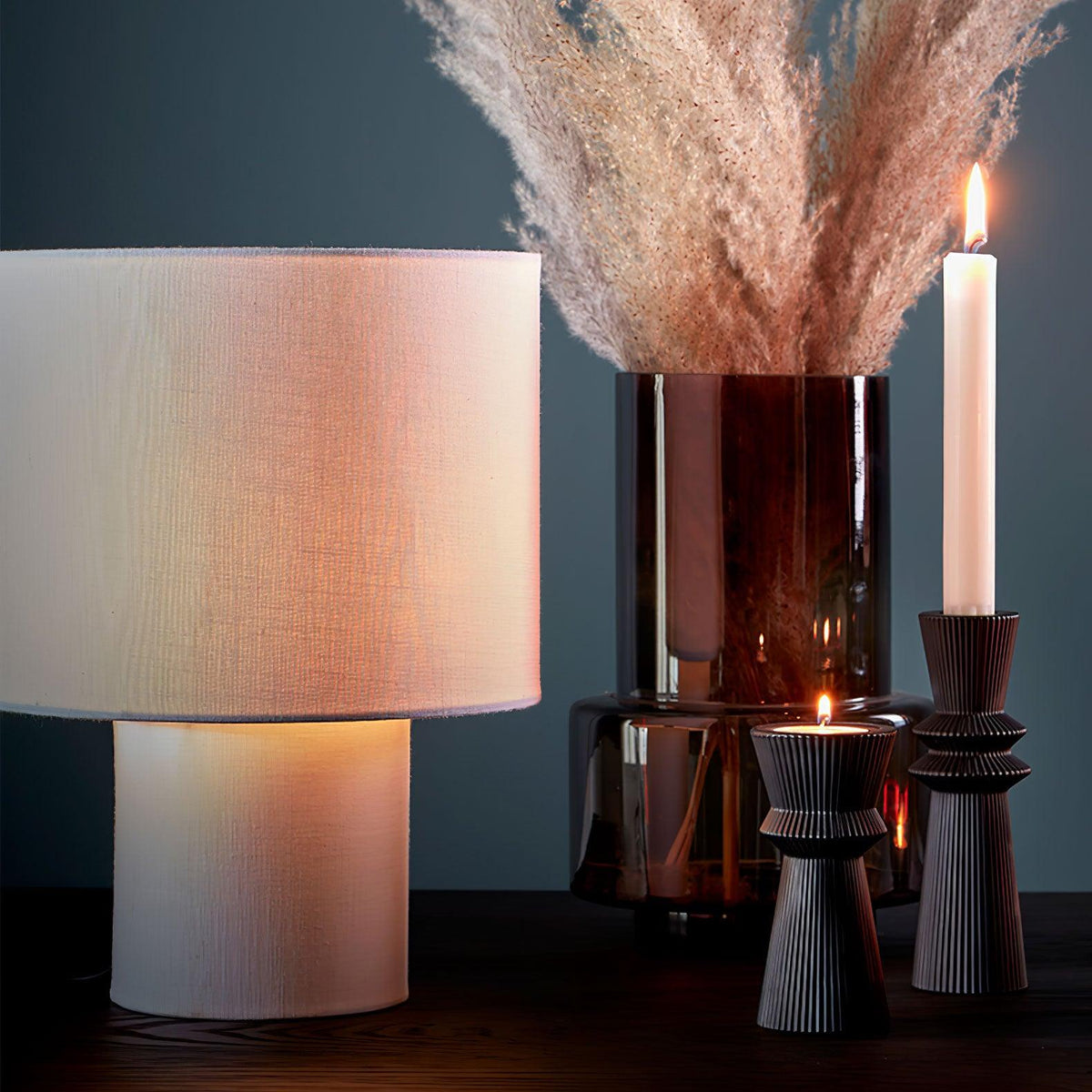 Table Lamp Minimalist with Double Drum Shade and Fabric Column Base