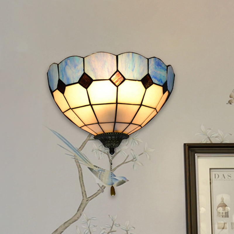 Tiffany Wall Lamp with Stained Glass Bowl Shade and Pull Switch