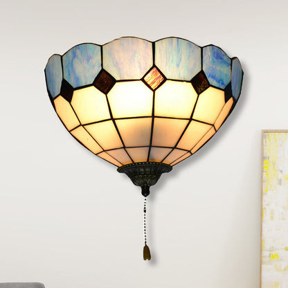 Tiffany Wall Lamp with Stained Glass Bowl Shade and Pull Switch
