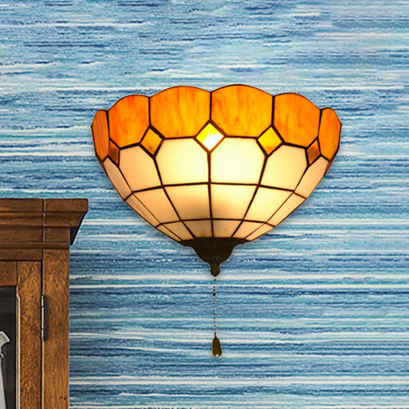 Tiffany Wall Lamp with Stained Glass Bowl Shade and Pull Switch